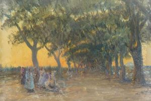 Nordafrikaner In Einer Allee Bei Abendstimmung by Leopold Alphons Mielich