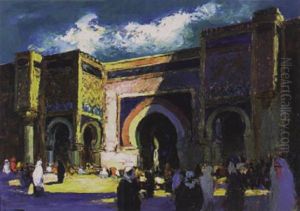 Karawane Mit Zwei Kamelen Und Einer Beduinenfamilie Mit Esel by Leopold Alphons Mielich