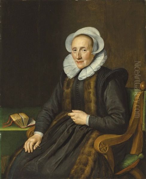 Portrait Of A Lady, Identified As Maria Mollen (1555-1621), Three-quarter-length, In A Black Fur-trimmed Gown, Seated At A Table With A Book - view 1