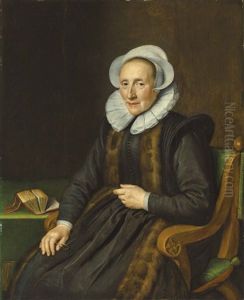 Portrait Of A Lady, Identified As Maria Mollen (1555-1621), Three-quarter-length, In A Black Fur-trimmed Gown, Seated At A Table With A Book by Michiel Jansz. van Mierevelt