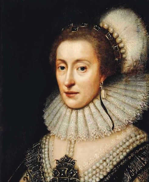 Portrait Of Elizabeth Stuart (1596-1662), Queen Of Bohemia, The Winter Queen, Bust-length, In A Black Embroidered Dress Encrusted With Jewels, Wearing A White Lace Ruff And A Plumed Headdress - view 1