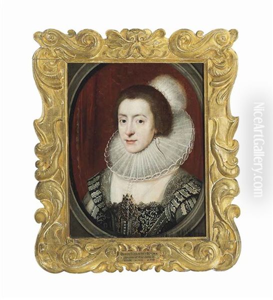 Portrait Of Elizabeth Stuart (1596-1662), Electress Palatine, Queen Of Bohemia, Bust-length, In A Black And White Embroidered Dress Encrusted With Jewels, Wearing A White Ruff And A Plumed Headdress, In A Sculpted Oval - view 1