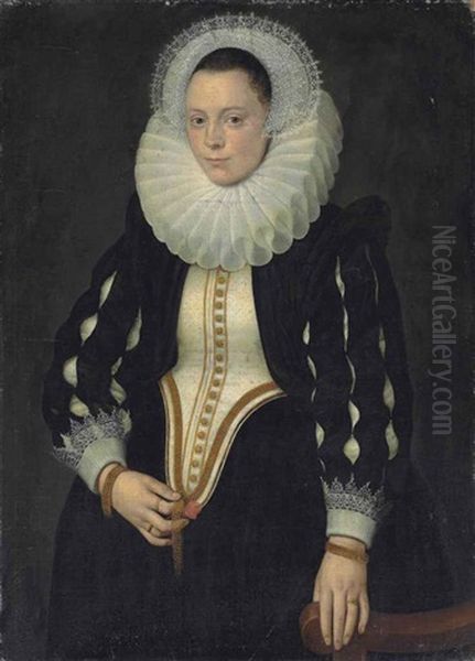 Portrait Of A Woman, Three-quarter-length, In A Black Dress With A Stomacher, Slashed Sleeves, Lace Cuffs, A Ruff And A Lace Headdress, Holding A Rose - view 1