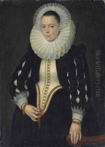 Portrait Of A Woman, Three-quarter-length, In A Black Dress With A Stomacher, Slashed Sleeves, Lace Cuffs, A Ruff And A Lace Headdress, Holding A Rose
