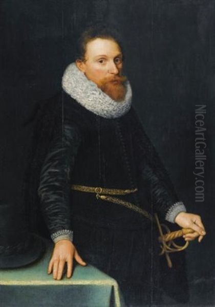 Portrait Of A Gentleman, Three-quarter Length, Standing, Wearing A Black Tunic And White Ruff - view 1