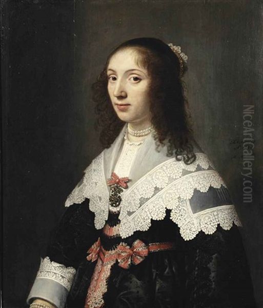 Portrait Of Agatha De Vlaming Van Oudtshoorn (1619-1675), Half-length, In An Embroidered Black Dress With Red And Silver Silk Decorations, With A White Lace Collar And Cuffs, A Pearl Necklace And A Jewelled Tiara - view 1
