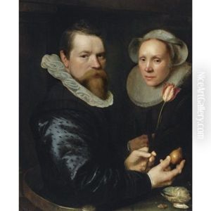 Double Portrait Of A Husband And Wife, He Holding A Tulip And Bulb, A Selection Of Shells On The Shelf Below