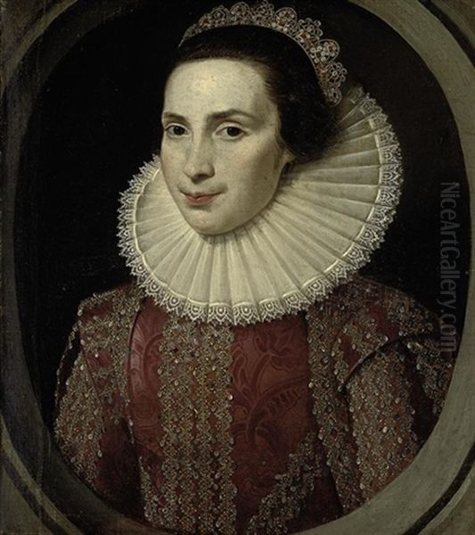 Portrait Of A Lady, In A Gold Embroidered Red Dress With A White Ruff And A Jewelled Tiara, In A Sculpted Cartouche - view 1
