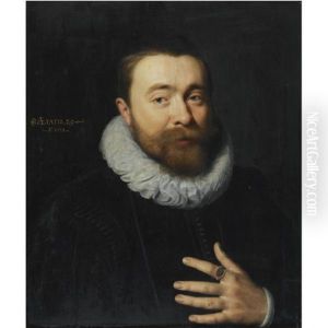 Portrait Of Abraham Van Der Meer, Wearing A Black Costume With A White Ruff, And A Signet-ring by Michiel Jansz. van Mierevelt