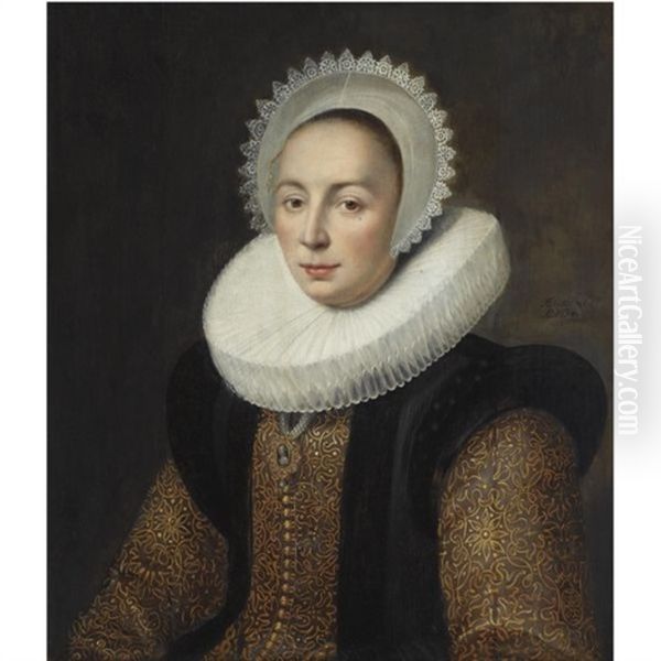 Portrait Of Magdalena Van Beresteyn, Wearing A Gold Embroidered Dress With Vlieger And A Molensteenkraag, And A White Lace Bonnet - view 1