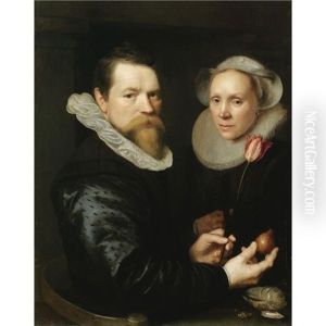 A Double Portrait Of A Husband And Wife, He Holding A Tulip And A Bulb, A Selection Of Shells On The Shelf Below by Michiel Jansz. van Mierevelt