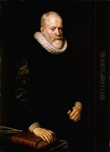 Portrait Of A Gentleman Wearing Black With A White Ruff And Standing Beside A Table With His Hand On A Book by Michiel Jansz. van Mierevelt