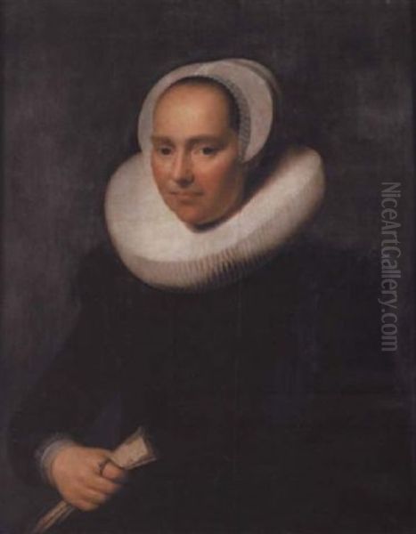 Portrait Of A Lady In A Black Dress With A Ruff And A Lace Cap, Holding A Glove - view 1