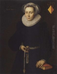 Portrait Of A Lady Aged 30, In A Black Dress With A White Ruff, A Pomander In Her Right Hand, Her Left Arm Resting On A Book by Michiel Jansz. van Mierevelt