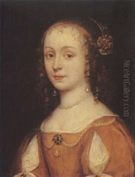 Portrait Of A Young Woman In Ochre Dress With Slashed Sleeves Set With Pearls - view 1