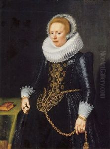 Portrait Of A Lady In A Black Gold-embroidered Dress, A Ruff And A Lace Headdress, With A Pomander Hanging On A Gold Chain