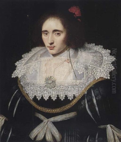 Portrait Of A Lady Wearing A Black Dress With An Elaborate Lace Ruff And A Red Flower In Her Hair - view 1