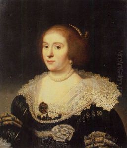 Portrait Of Amalia Van Solms Wearing A Black Dress With Slashed Sleeves, Set With Precious Stones And Pearls, Lace Collar, Pearl Necklace, Earrings And Headdress