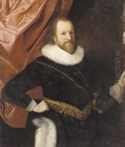 Portrait Of A Gentleman In A Black Doublet Trimmed With Gold And A Ruff, Holding A Pyke by Michiel Jansz. van Mierevelt