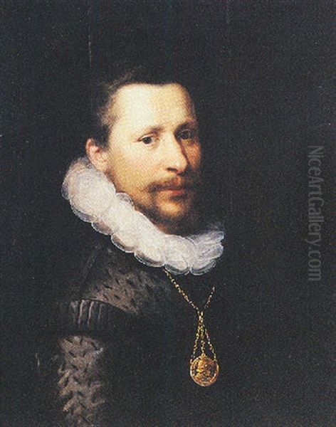 A Portrait Of A Bearded Man Wearing Black Costume With White Collar And A Gold Medallion - view 1
