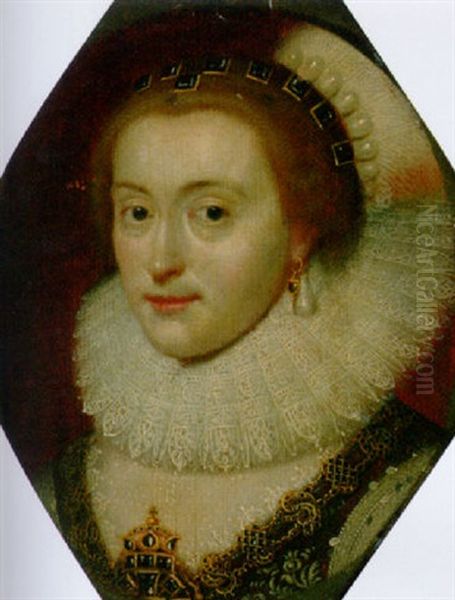 Portrait Of A Lady In A Black Embroidered Dress With A Ruff And A Jewelled Headdress - view 1