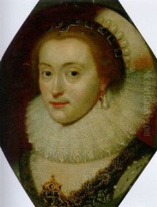 Portrait Of A Lady  In A Black Embroidered Dress With A Ruff And A Jewelled Headdress