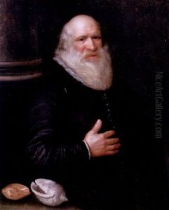 Portrait Of A Bearded Gentleman Before A Column Beside Two Shells, Wearing A Black Jacket