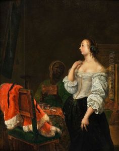Einer Dame Wird Von Einer Dienerin Eine Schmuckkassette Gereicht by Frans van Mieris