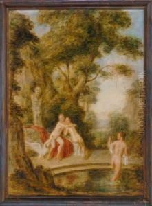 Drei Badende Madchen Inantikisierender Landschaft Werden Von Einem Schwan Attackiert by Willibald Besta