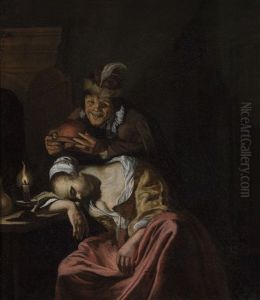 Wine Is A Mocker: A Fool Is Placing A Chamber Pot On A Drunken Woman"s Head