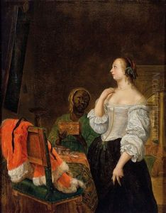 Einer Dame Wird Von Ihrer Dienerin Eine Schmuckkassette Gereicht by Frans van Mieris