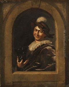 Junger Mann Mit Weinpokal An Der Fensterbrustung