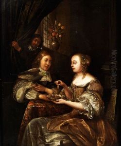 Junges Hofisches Paar In Einem Abgedunkelten Interieur An Einem Tisch by Frans van Mieris