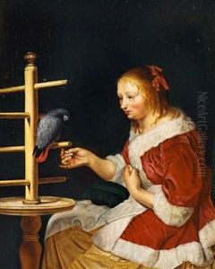 A Young Girl In A Red Jacket Feeding A Parrot by Frans van Mieris
