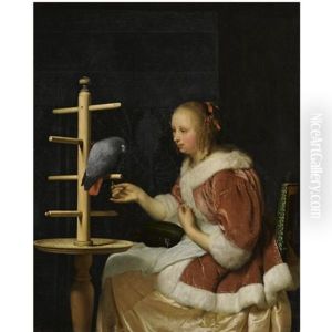 A Young Woman In A Red Jacket Feeding A Parrot by Frans van Mieris