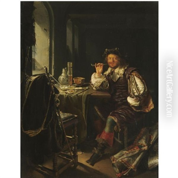 An Interior With A Soldier Smoking A Pipe - view 1