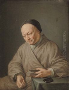 An Elderly Man Seated In A Beige Robe With A Black Cap, Holding A Book In His Left Hand And Glasses In His Right by Frans van Mieris