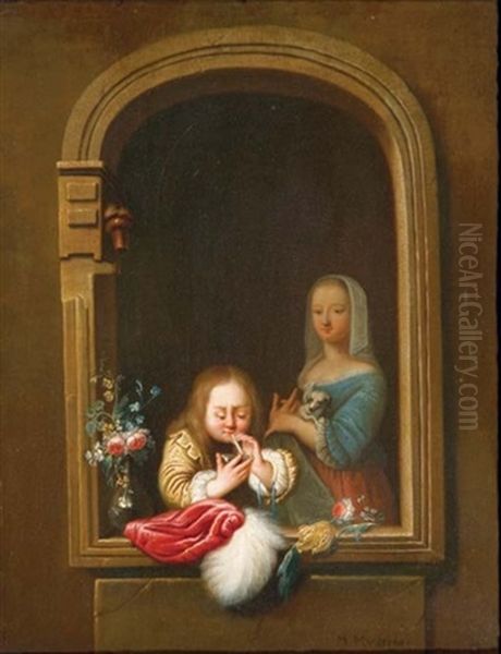 A Boy In A Window Blowing Bubbles, A Girl With A Dog In Her Arms Behind - view 1