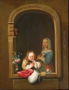 A Boy In A Window Blowing Bubbles, A Girl With A Dog In Her Arms Behind by Frans van Mieris