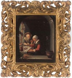 An Elderly Couple Eating And Drinking By A Casement