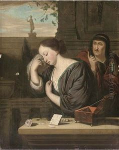 A Woman Weeping On A Balcony, With A Peasant Woman Behind Her by Frans van Mieris
