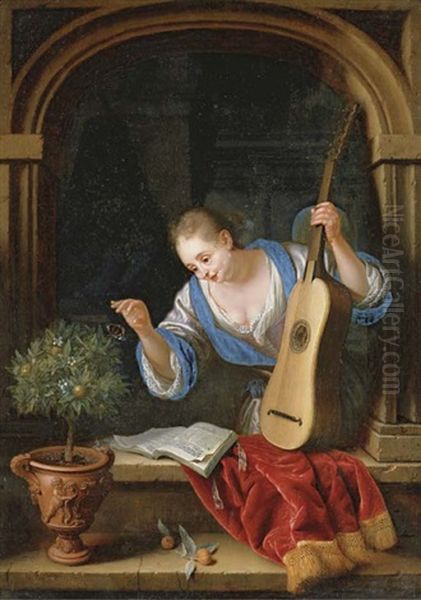 A Young Woman Catching A Butterfly In A Window, With A Guitar, Book And Orange Tree On The Sill - view 1