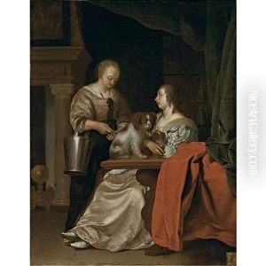 An Interior With A Maid, A Lady And Her Two Dogs by Frans van Mieris