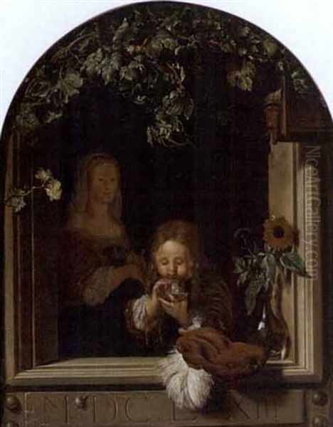 A Boy Blowing Bubbles In A Window, Behind Him A Woman With A Dog by Frans van Mieris