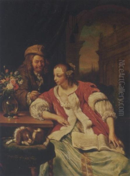 A Man Offering A Glass Of Wine To An Elegant Young Lady Studying Music In An Interior, A Flower Still Life On A Table - view 1