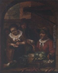 An Elderly Woman Selling Vegetables To A Peasant Woman by Frans van Mieris