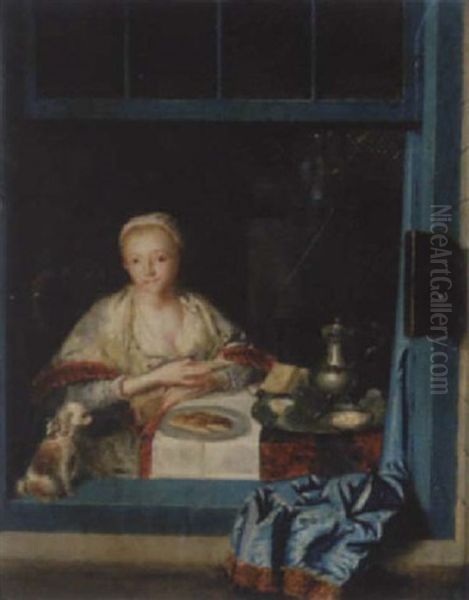 Am Offenen Fenster Sitzende Junge Frau Mit Hundchen - view 1