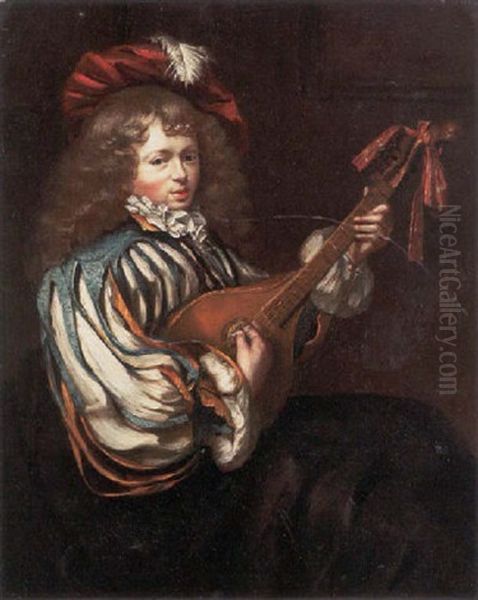 A Young Boy In A Feathered Red Cap Playing The Mandolin - view 1