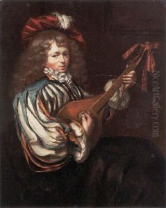 A Young Boy In A Feathered Red Cap Playing The Mandolin