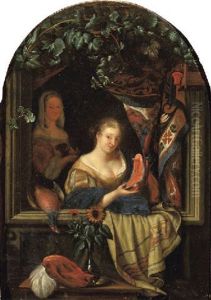 A Woman At A Feigned Stone Window Holding A Salmon Steak A Woman At A Feigned Stone Window Holding A Salmon Steak